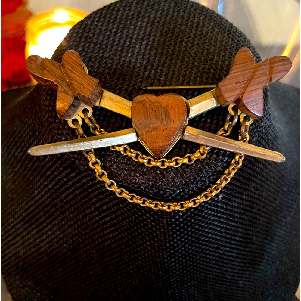 Wood and metal crossed swords MCM mid century brooch pin. Vintage. Unique